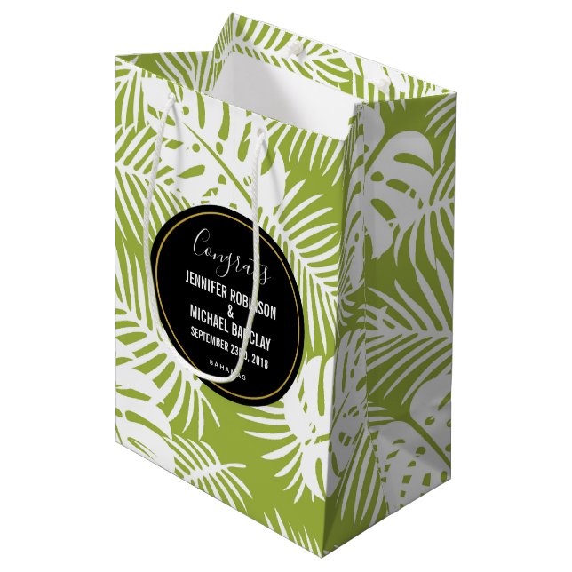 Green Palm Leaf Tropical Pattern Wedding Congrats Medium Gift Bag (Front Angled)