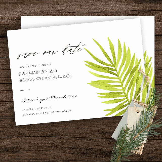 GREEN PALM LEAF WATERCOLOUR FOLIAGE SAVE THE DATE (Creator Uploaded)