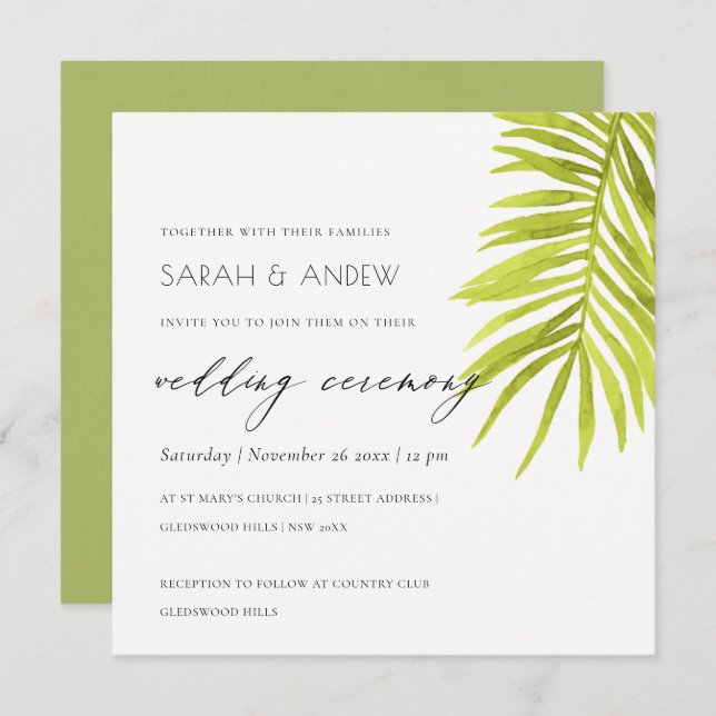 GREEN PALM LEAF WATERCOLOUR FOLIAGE WEDDING INVITATION (Front/Back)