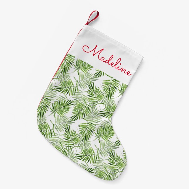 Green Palm Leaves | Add Your Name Small Christmas Stocking (Front (Hanging))