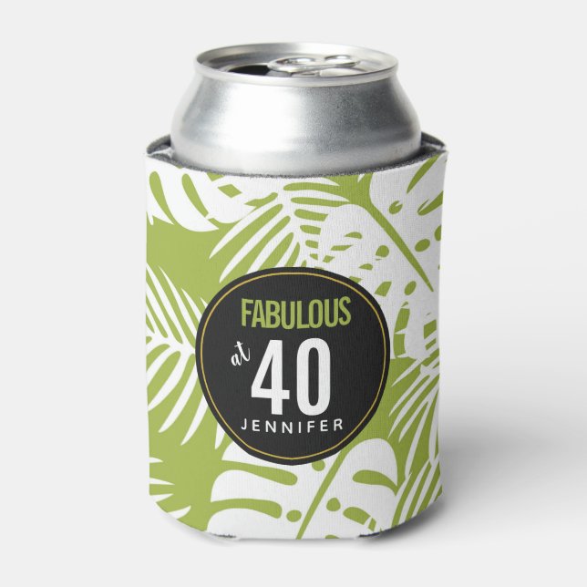 Green Palm Leaves Fabulous at Forty Can Cooler (Can Front)