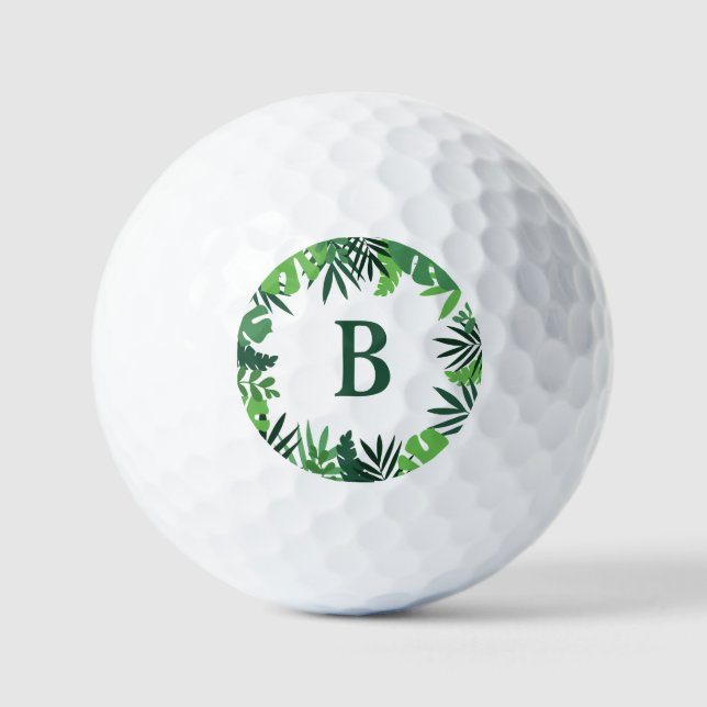 Green palm leaves floral monogram  golf balls (Front)