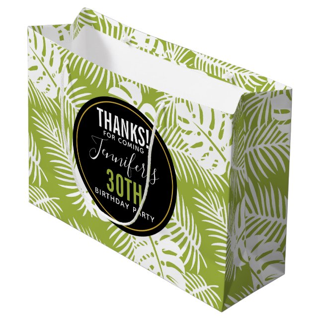 Green Palm Leaves Jungle Pattern Birthday Thanks Large Gift Bag (Front Angled)