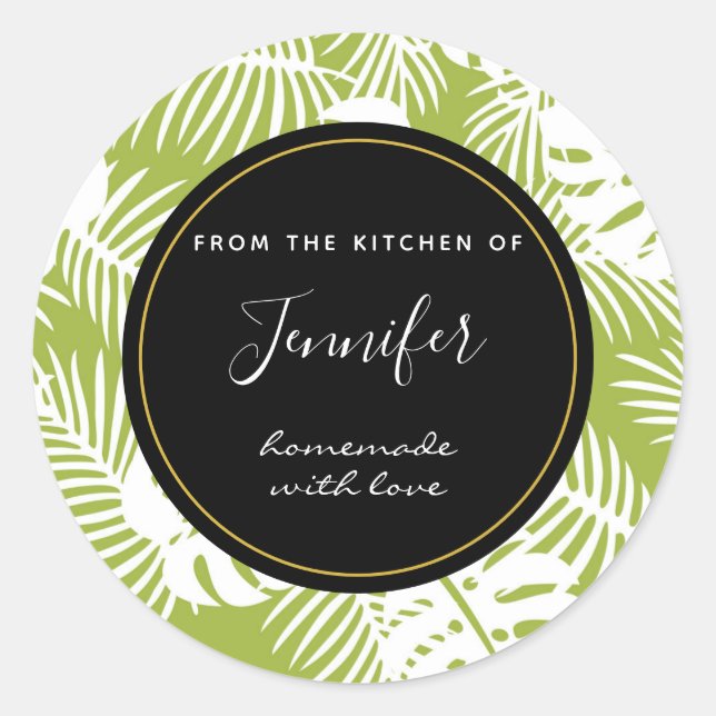 Green Palm Leaves Jungle Pattern Kitchen Baking Classic Round Sticker (Front)