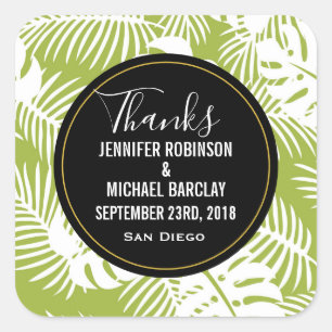 Green Palm Leaves Jungle Pattern Wedding Thanks Square Sticker