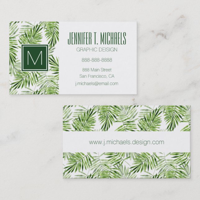 Green Palm Leaves | Monogram Business Card (Front/Back)
