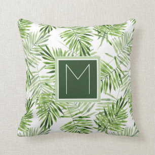 Green Palm Leaves Monogram Cushion