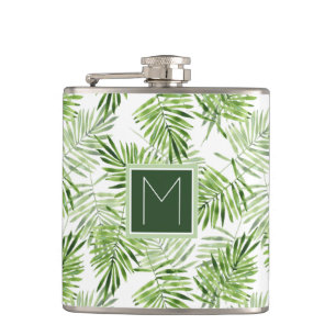 Green Palm Leaves Monogram Hip Flask