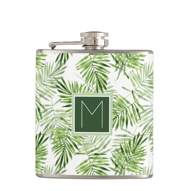 Green Palm Leaves | Monogram Hip Flask (Front)