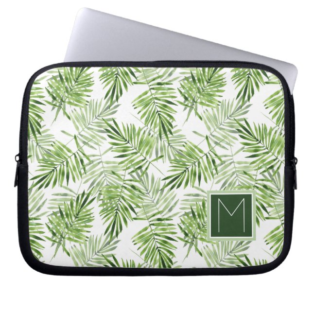 Green Palm Leaves | Monogram Laptop Sleeve (Front)