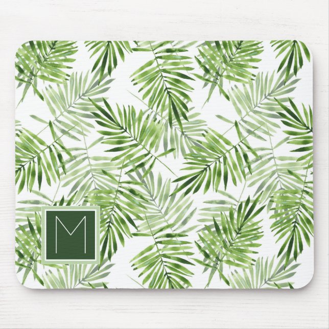Green Palm Leaves | Monogram Mouse Mat (Front)