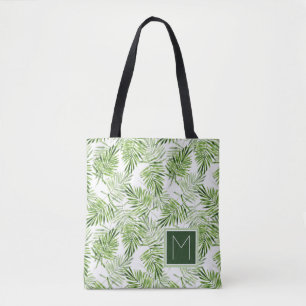 Green Palm Leaves Monogram Tote Bag