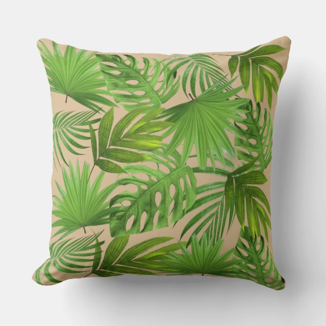 Green Palm Leaves on Beige Cushion (Front)