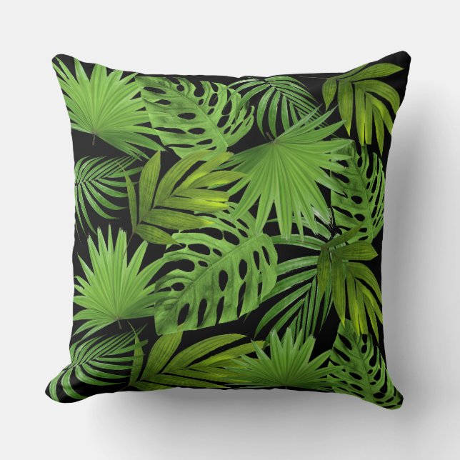 Green Palm Leaves on Black Cushion (Front)