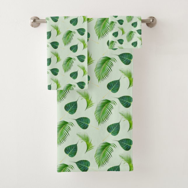Green Palm Leaves on Light Green Bath Towel Set (Insitu)