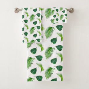 Green Palm Leaves on White Bath Towel Set
