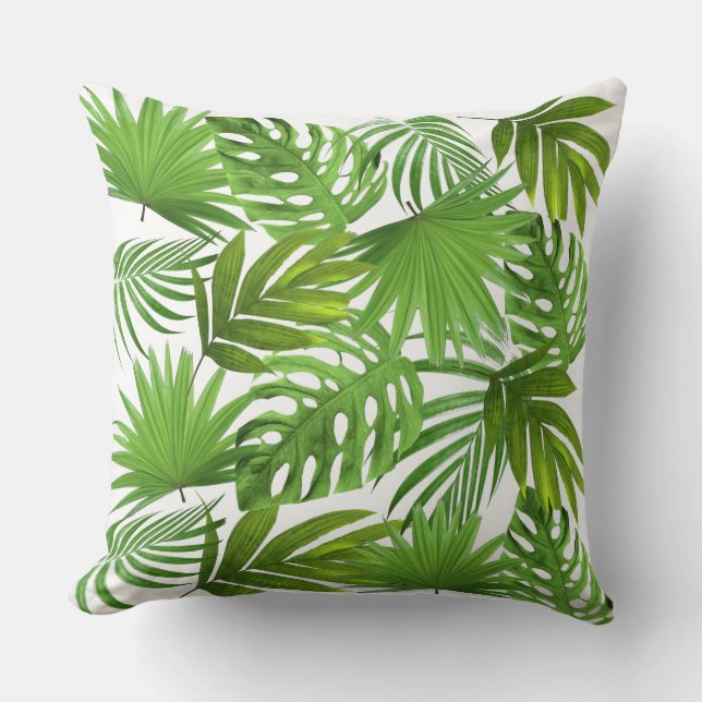 Green Palm Leaves on White  Cushion (Front)