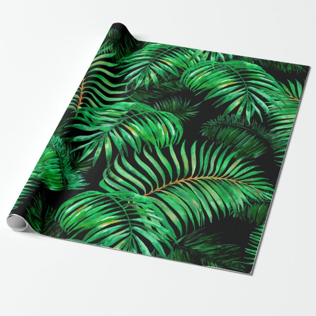 Green palm leaves pattern wrapping paper (Unrolled)