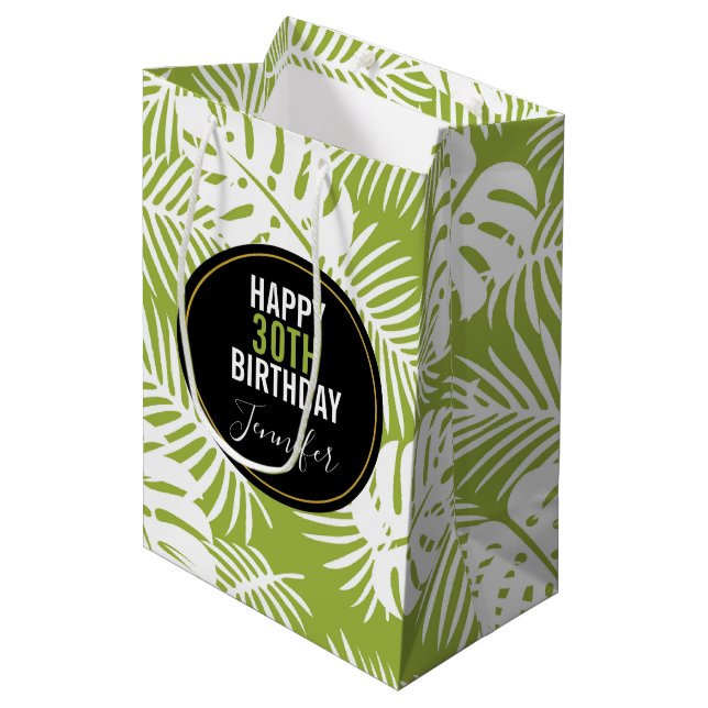 Green Palm Leaves Rainforest Pattern Birthday Medium Gift Bag (Front Angled)