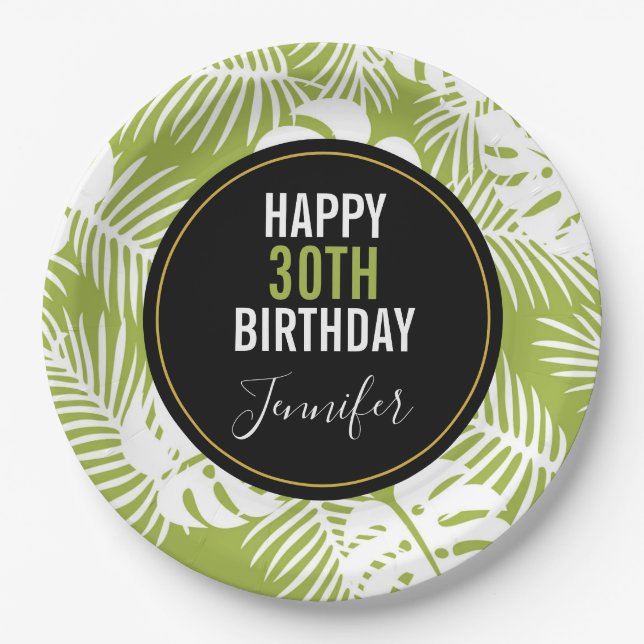 Green Palm Leaves Rainforest Pattern Birthday Paper Plate (Front)