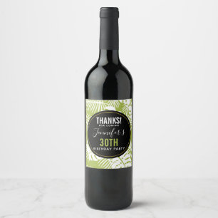 Green Palm Leaves Rainforest Pattern Birthday Wine Label