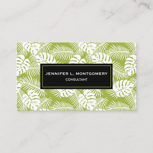 Green Palm Leaves Rainforest Pattern Business Card (Front)