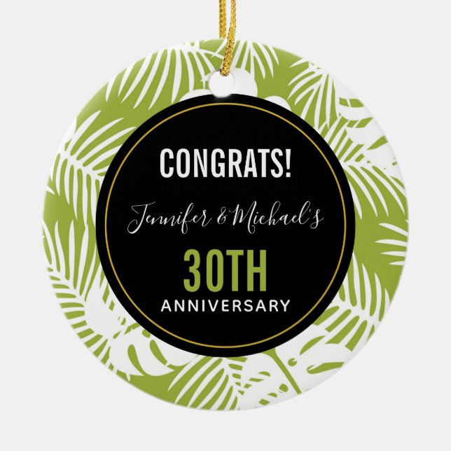 Green Palm Leaves Rainforest Pattern Ceramic Tree Decoration (Front)