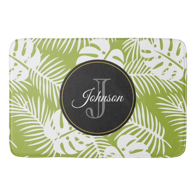 Green Palm Leaves Rainforest Pattern Monogram Bath Mat (Front)