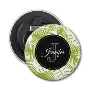 Green Palm Leaves Rainforest Pattern Monogram Bottle Opener