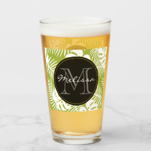 Green Palm Leaves Rainforest Pattern Monogram Glass
