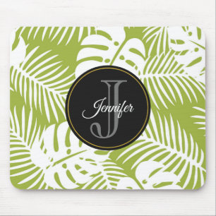 Green Palm Leaves Rainforest Pattern Monogram Mouse Mat