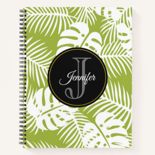 Green Palm Leaves Rainforest Pattern Monogram Notebook