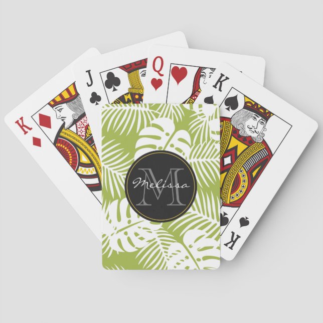 Green Palm Leaves Rainforest Pattern Monogram Playing Cards (Back)