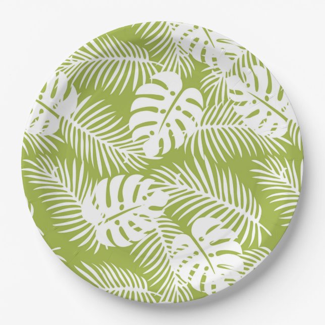 Green Palm Leaves Rainforest Pattern Paper Plate (Front)