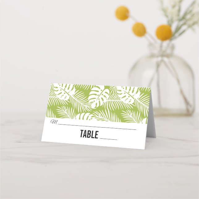 Green Palm Leaves Rainforest Pattern Place Card (Front)