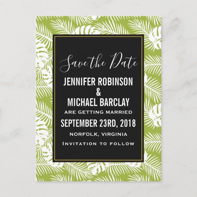 Green Palm Leaves Rainforest Pattern Save the Date Postcard (Front)