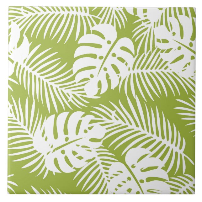 Green Palm Leaves Rainforest Pattern Tile (Front)
