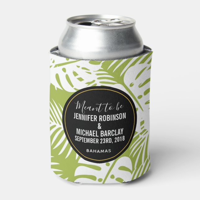Green Palm Leaves Rainforest Pattern Wedding Can Cooler (Can Front)