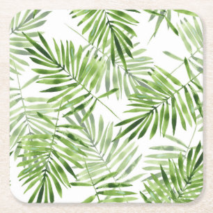 Green Palm Leaves Square Paper Coaster