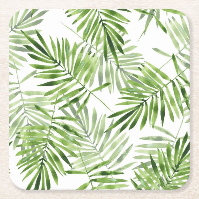 Green Palm Leaves Square Paper Coaster (Front)