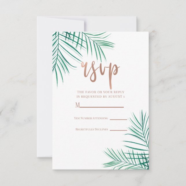 Green Palm Leaves Tropical Elegant Reply RSVP Card (Front)