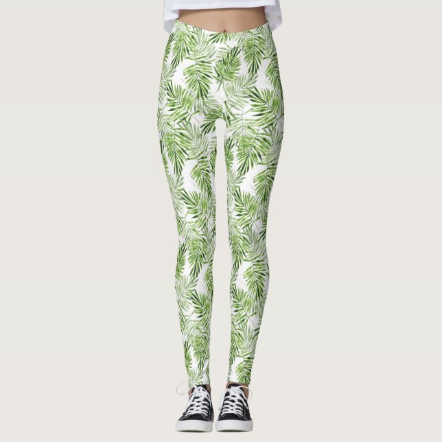 Green palm leaves. Watercolor pattern Leggings (Front)