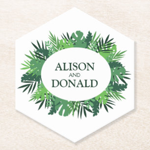 Green palm leaves wedding names paper coaster