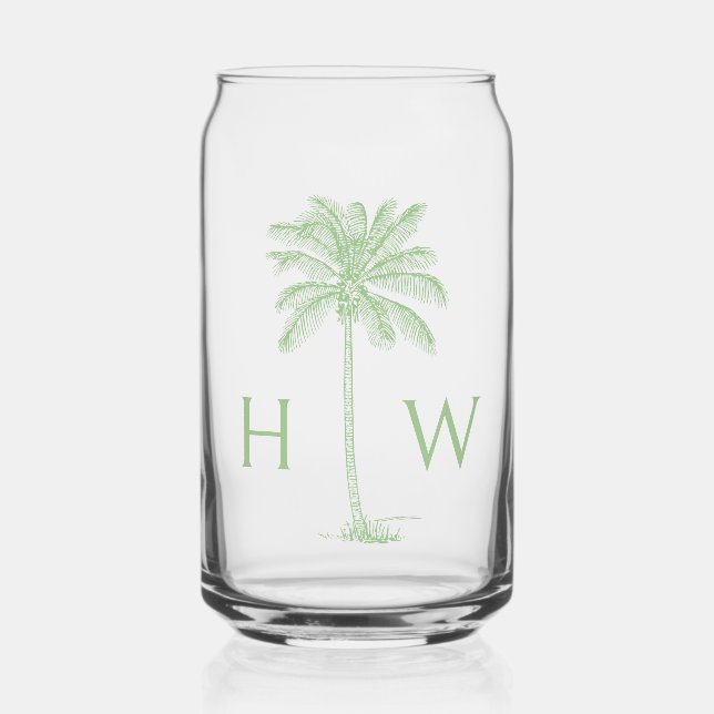 Green Palm Palmetto Tree Monogram Can Glass (Front)