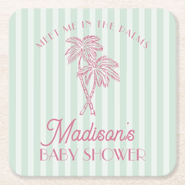 Green Palm Spring Pastel Beach Baby Shower Square Paper Coaster (Front)