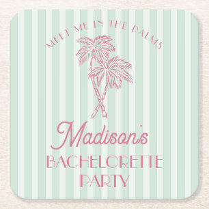 Green Palm Spring Pastel Beach Bachelorette Party Square Paper Coaster