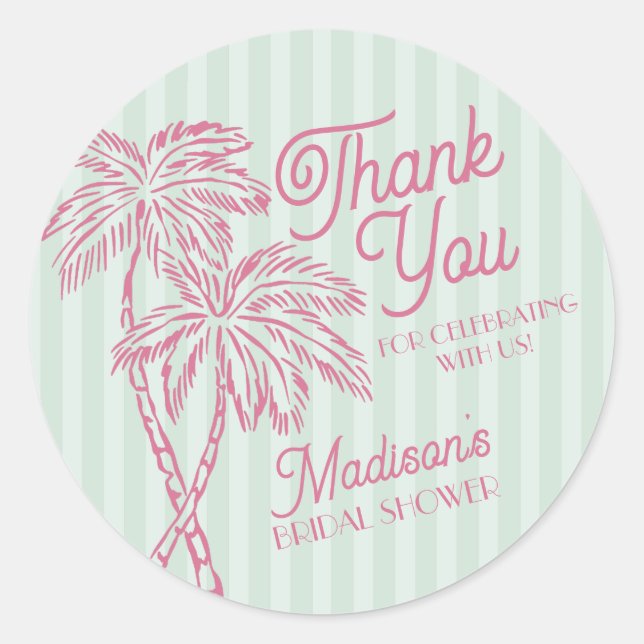 Green Palm Spring Pastel Beach Bridal Shower Favou Classic Round Sticker (Front)
