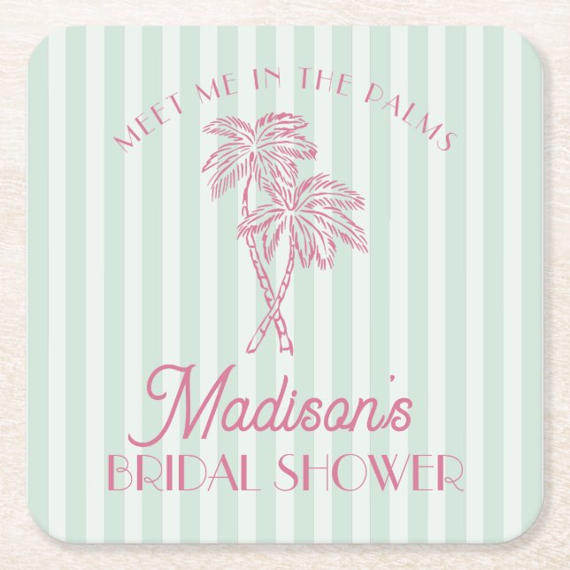 Green Palm Spring Pastel Beach Bridal Shower Square Paper Coaster (Front)