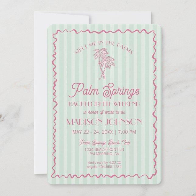 Green Palm Springs Pastel Beach Bachelorette Party Invitation (Front)