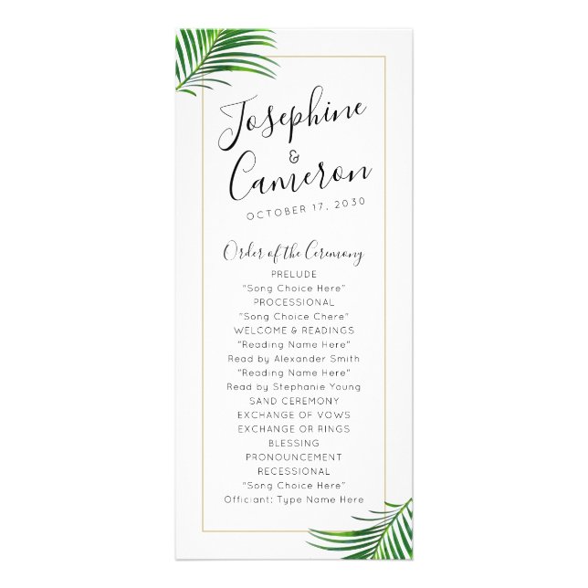 Green Palm Tree Beach Destination Wedding Program Rack Card (Front)